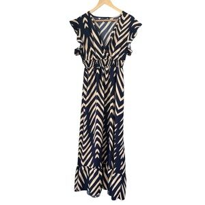 SHEIN Chevron Geometric V-Neck Maxi Dress L Navy Cream Ruffle Sleeve Boho